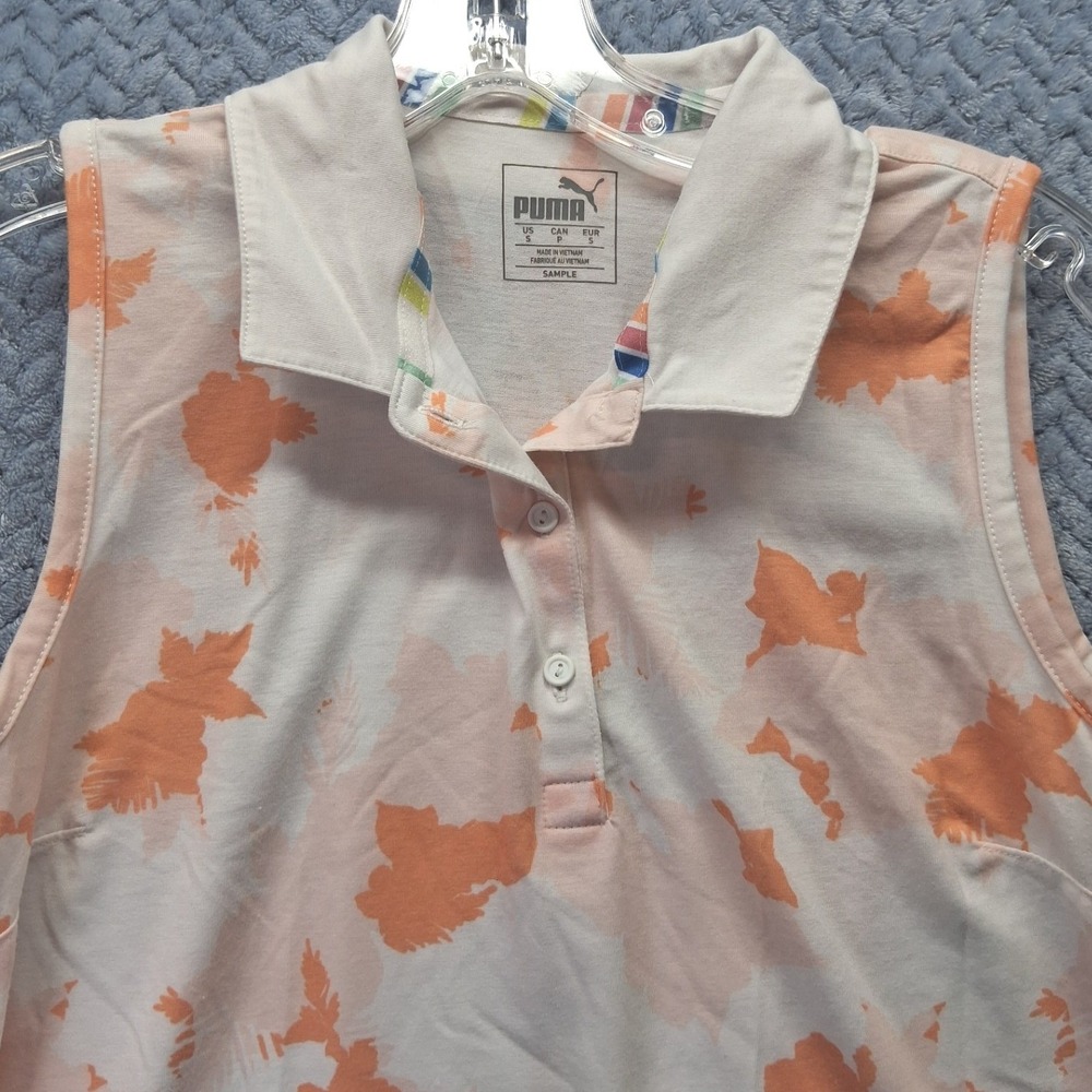 Puma Golf Womens Sleeveless Polo Shirt Orange Pink Floral Print Size S Tennis - Picture 4 of 6
